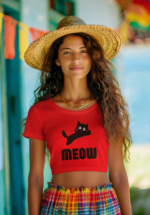 "Meow" Minimalist Black Cat Graphic Crop Top - Image 3