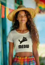 "Meow" Minimalist Black Cat Graphic Crop Top - Image 4